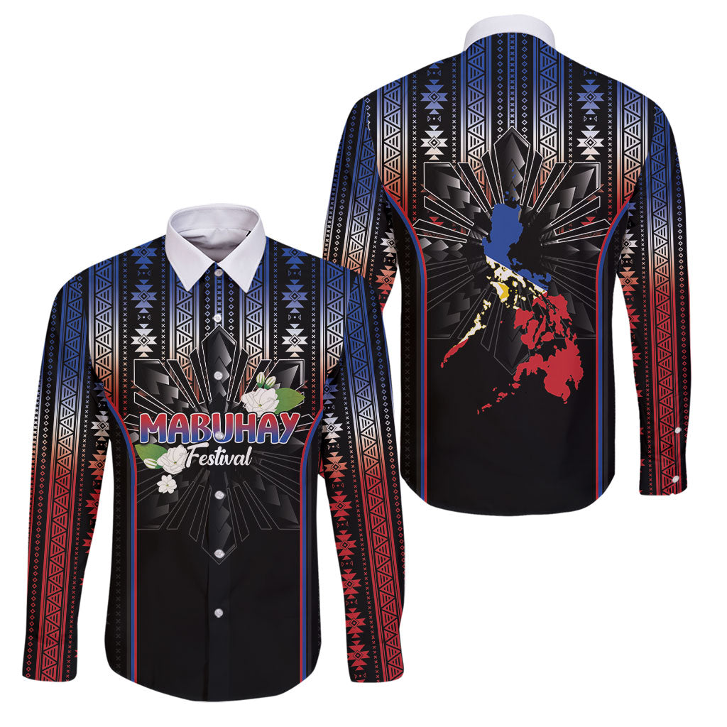 Mabuhay Philippines Festival Family Matching Off Shoulder Short Dress and Hawaiian Shirt Filipino Map Sampaguita Igorot Pattern LT14 Dad's Shirt - Long Sleeve Black - Polynesian Pride