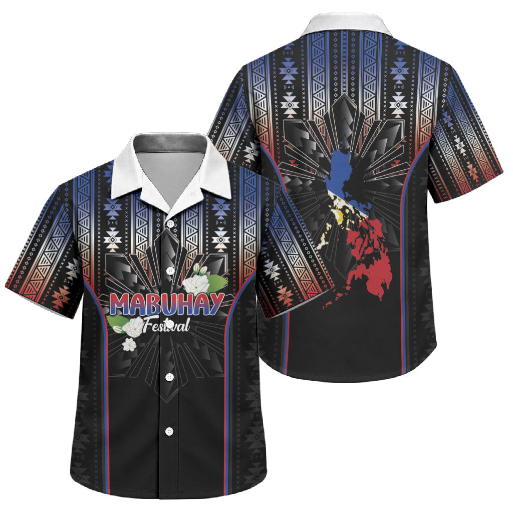 Mabuhay Philippines Festival Family Matching Off Shoulder Short Dress and Hawaiian Shirt Filipino Map Sampaguita Igorot Pattern LT14 Son's Shirt Black - Polynesian Pride