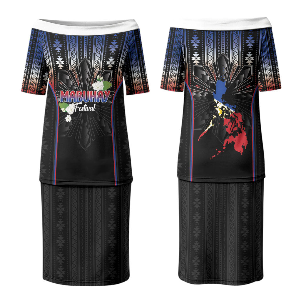 Mabuhay Philippines Festival Family Matching Puletasi and Hawaiian Shirt Filipino Map Sampaguita Igorot Pattern LT14 Mom's Dress Black - Polynesian Pride