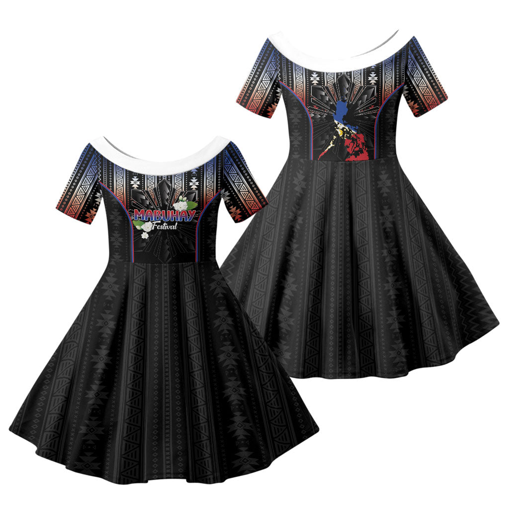 Mabuhay Philippines Festival Family Matching Puletasi and Hawaiian Shirt Filipino Map Sampaguita Igorot Pattern LT14 Daughter's Dress Black - Polynesian Pride