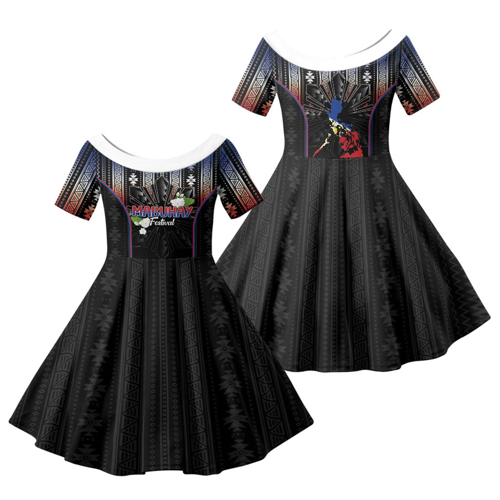 Mabuhay Philippines Festival Family Matching Summer Maxi Dress and Hawaiian Shirt Filipino Map Sampaguita Igorot Pattern LT14 Daughter's Dress Black - Polynesian Pride