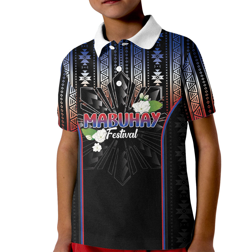 Mabuhay Philippines Festival Kid Polo Shirt Filipino Map Sampaguita Igorot Pattern LT14 Kid Black - Polynesian Pride