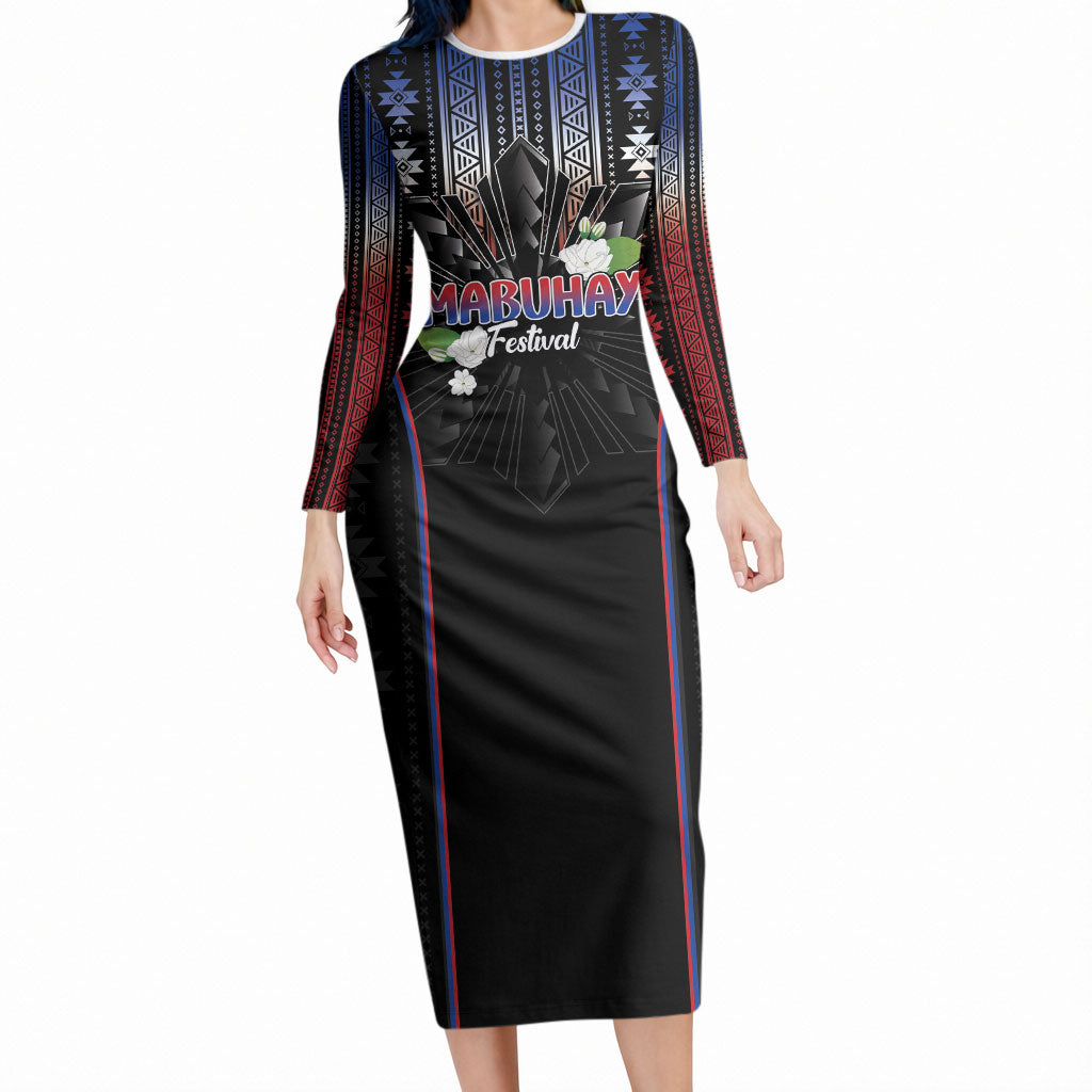Mabuhay Philippines Festival Long Sleeve Bodycon Dress Filipino Map Sampaguita Igorot Pattern