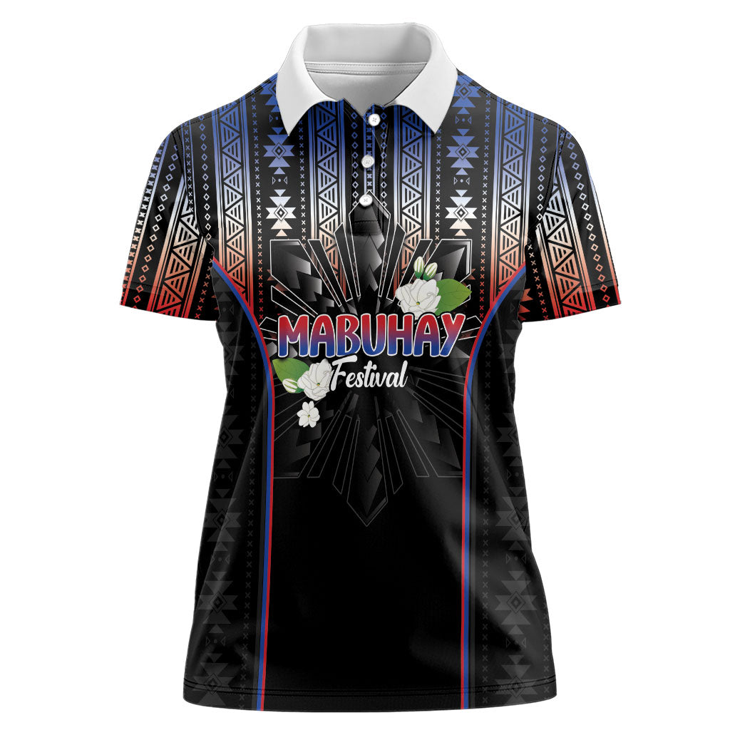 Mabuhay Philippines Festival Women Polo Shirt Filipino Map Sampaguita Igorot Pattern LT14 Female Black - Polynesian Pride