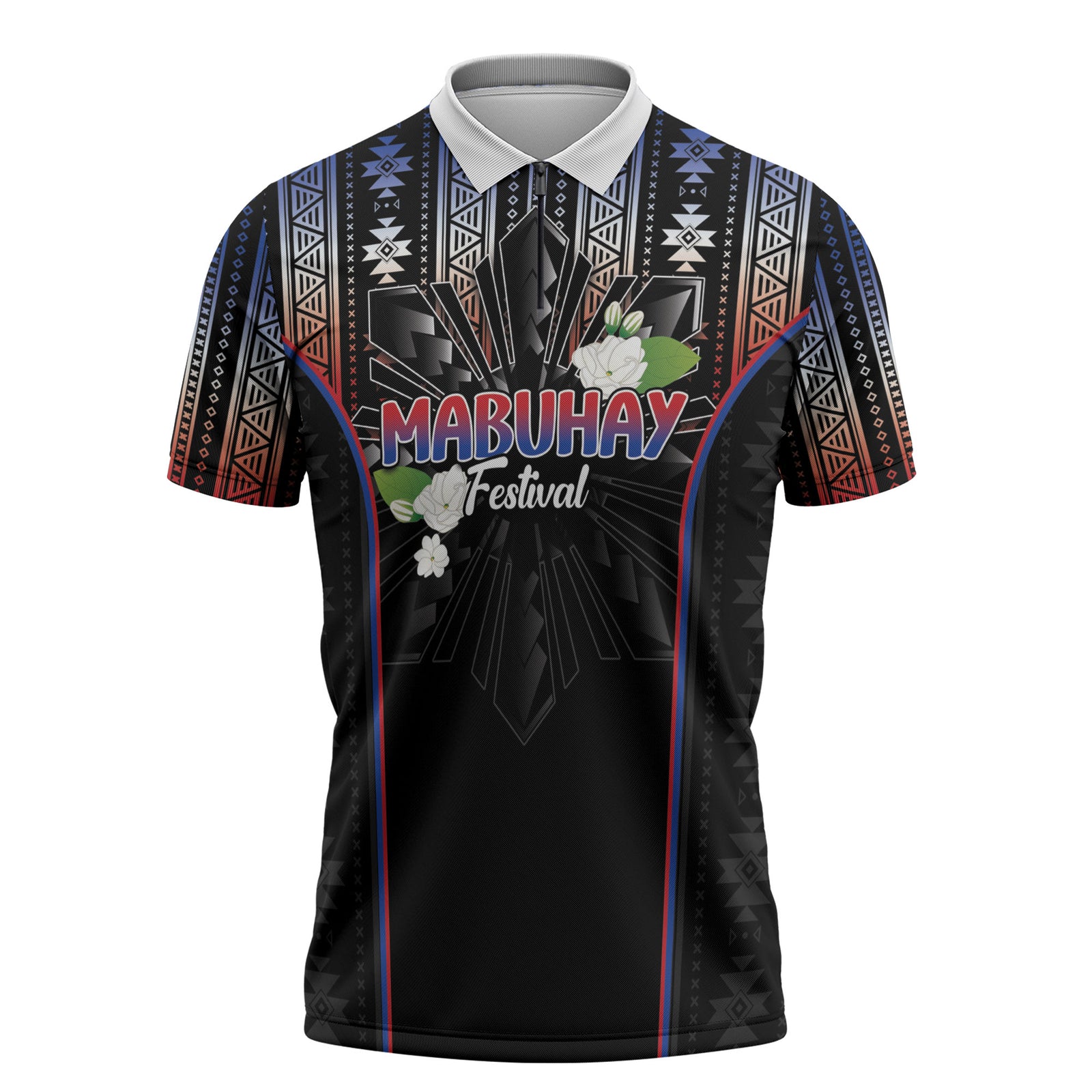 Mabuhay Philippines Festival Zipper Polo Shirt Filipino Map Sampaguita Igorot Pattern LT14 Black - Polynesian Pride