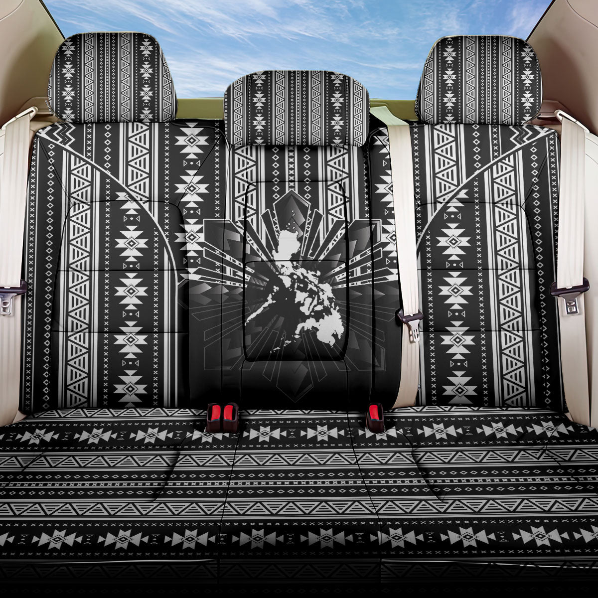 Mabuhay Philippines Festival Back Car Seat Cover Filipino Map Black White Igorot Pattern