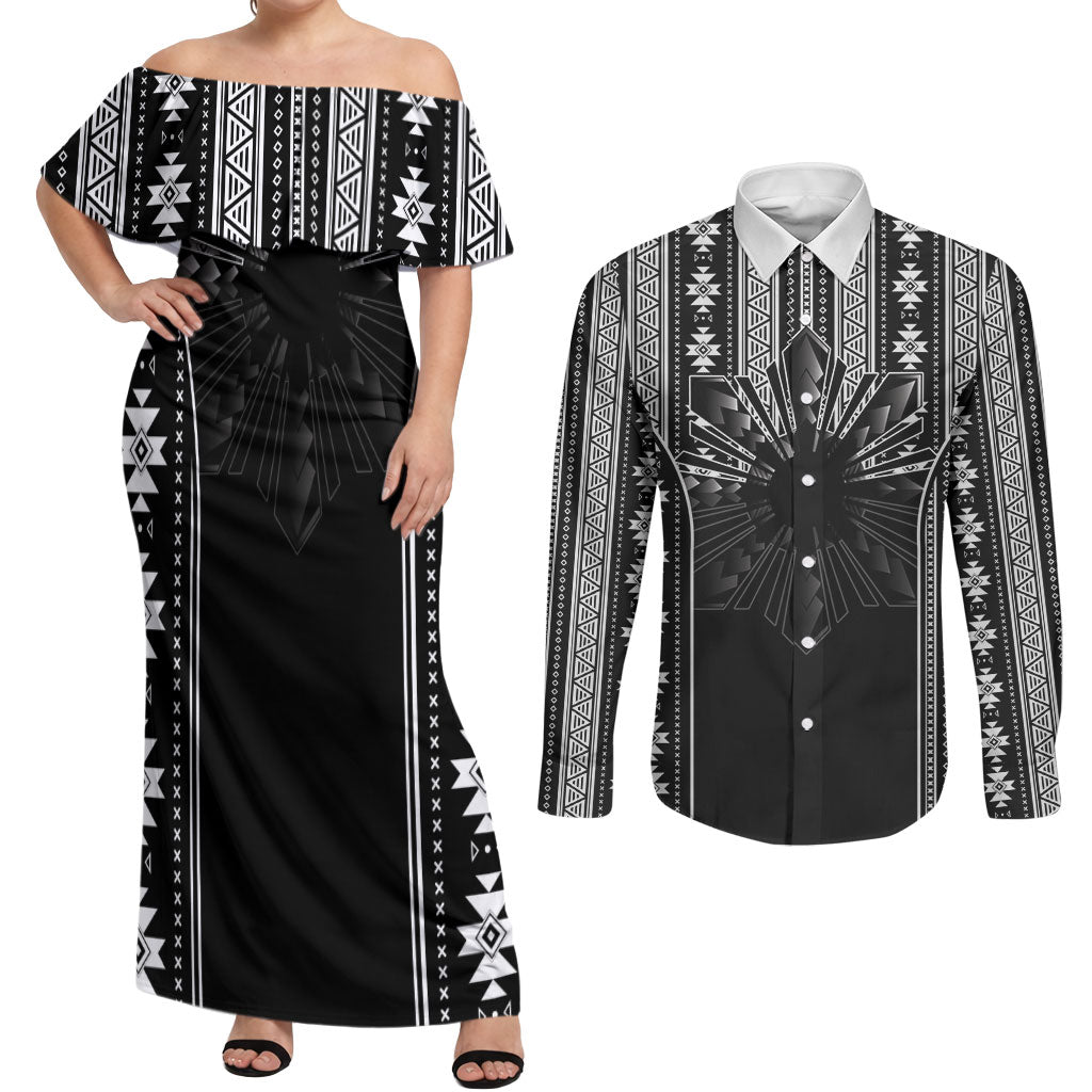 Mabuhay Philippines Festival Couples Matching Off Shoulder Maxi Dress and Long Sleeve Button Shirt Filipino Map Black White Igorot Pattern LT14 Black - Polynesian Pride