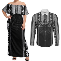 Mabuhay Philippines Festival Couples Matching Off Shoulder Maxi Dress and Long Sleeve Button Shirt Filipino Map Black White Igorot Pattern LT14 Black - Polynesian Pride