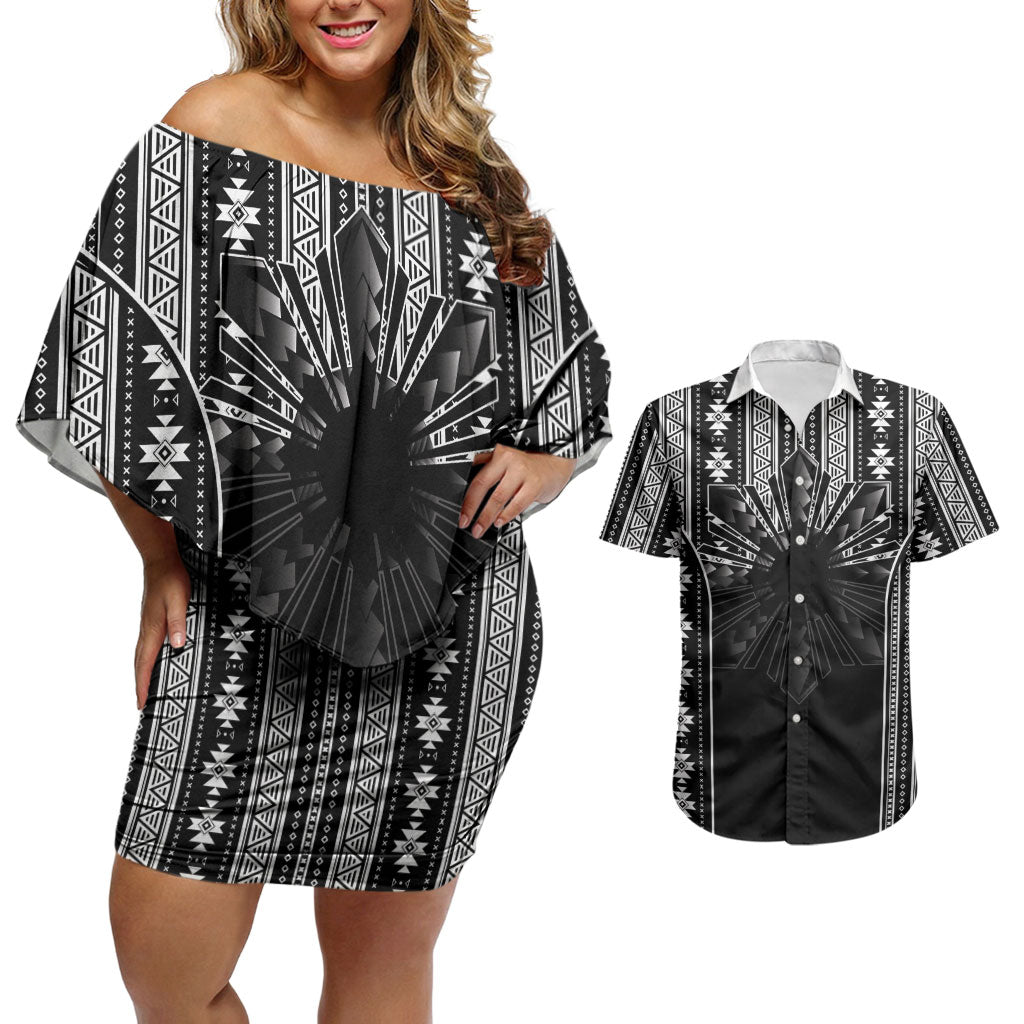 Mabuhay Philippines Festival Couples Matching Off Shoulder Short Dress and Hawaiian Shirt Filipino Map Black White Igorot Pattern LT14 Black - Polynesian Pride