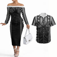 Mabuhay Philippines Festival Couples Matching Off The Shoulder Long Sleeve Dress and Hawaiian Shirt Filipino Map Black White Igorot Pattern LT14 Black - Polynesian Pride