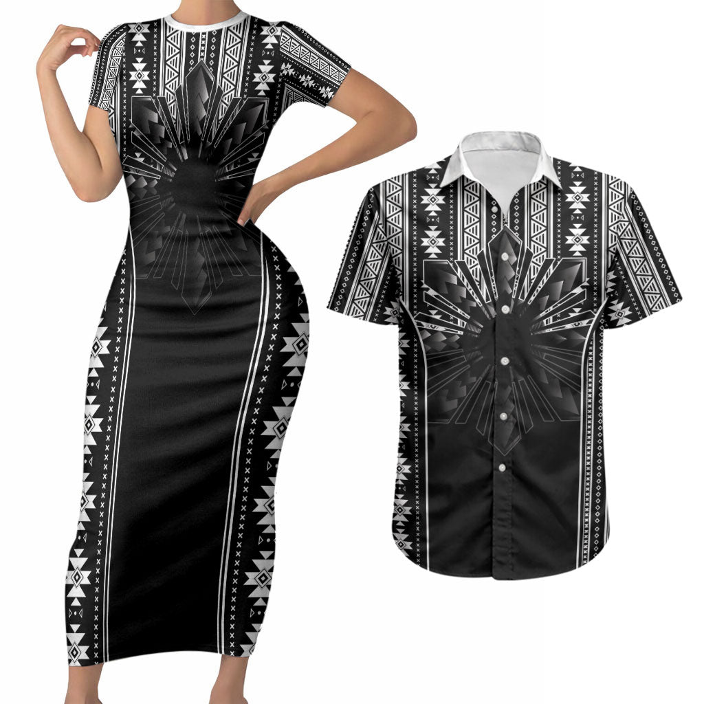 Mabuhay Philippines Festival Couples Matching Short Sleeve Bodycon Dress and Hawaiian Shirt Filipino Map Black White Igorot Pattern
