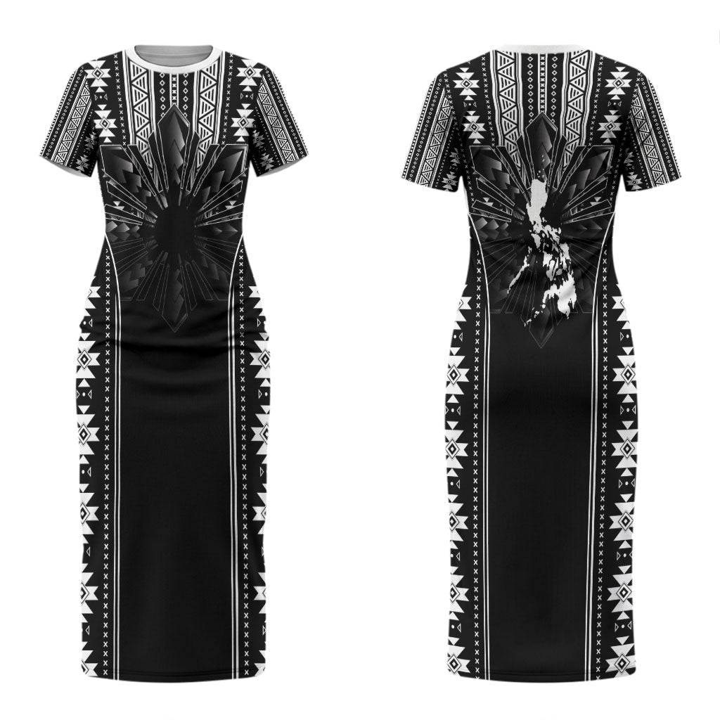 Mabuhay Philippines Festival Couples Matching Short Sleeve Bodycon Dress and Long Sleeve Button Shirt Filipino Map Black White Igorot Pattern LT14 - Polynesian Pride