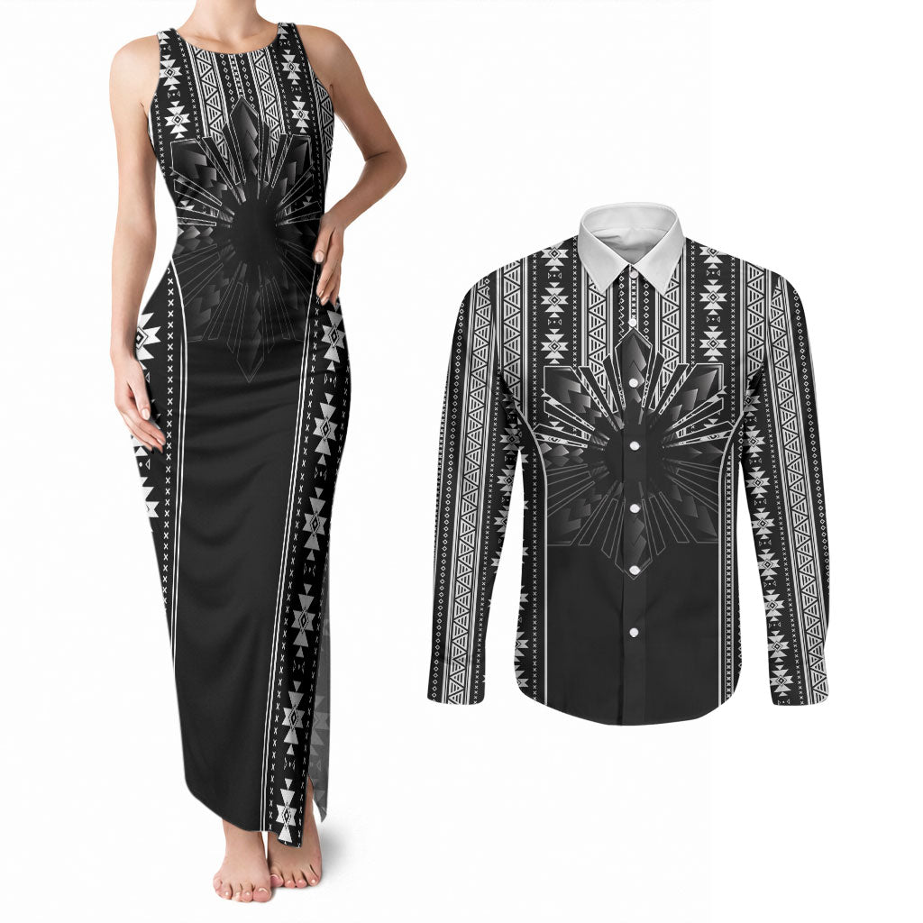 Mabuhay Philippines Festival Couples Matching Tank Maxi Dress and Long Sleeve Button Shirt Filipino Map Black White Igorot Pattern