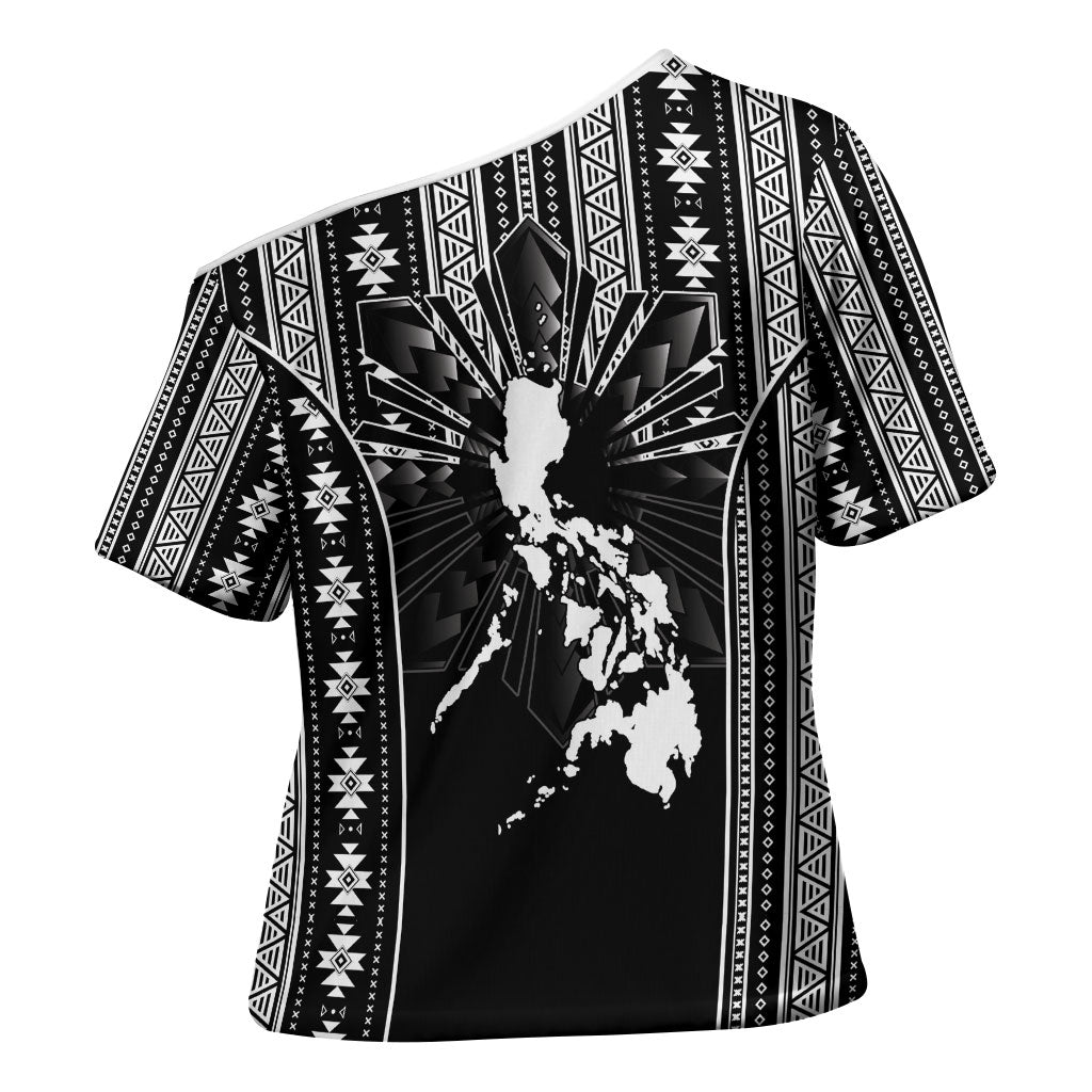 Mabuhay Philippines Festival Cross Shoulder Shirt Filipino Map Black White Igorot Pattern LT14 - Polynesian Pride