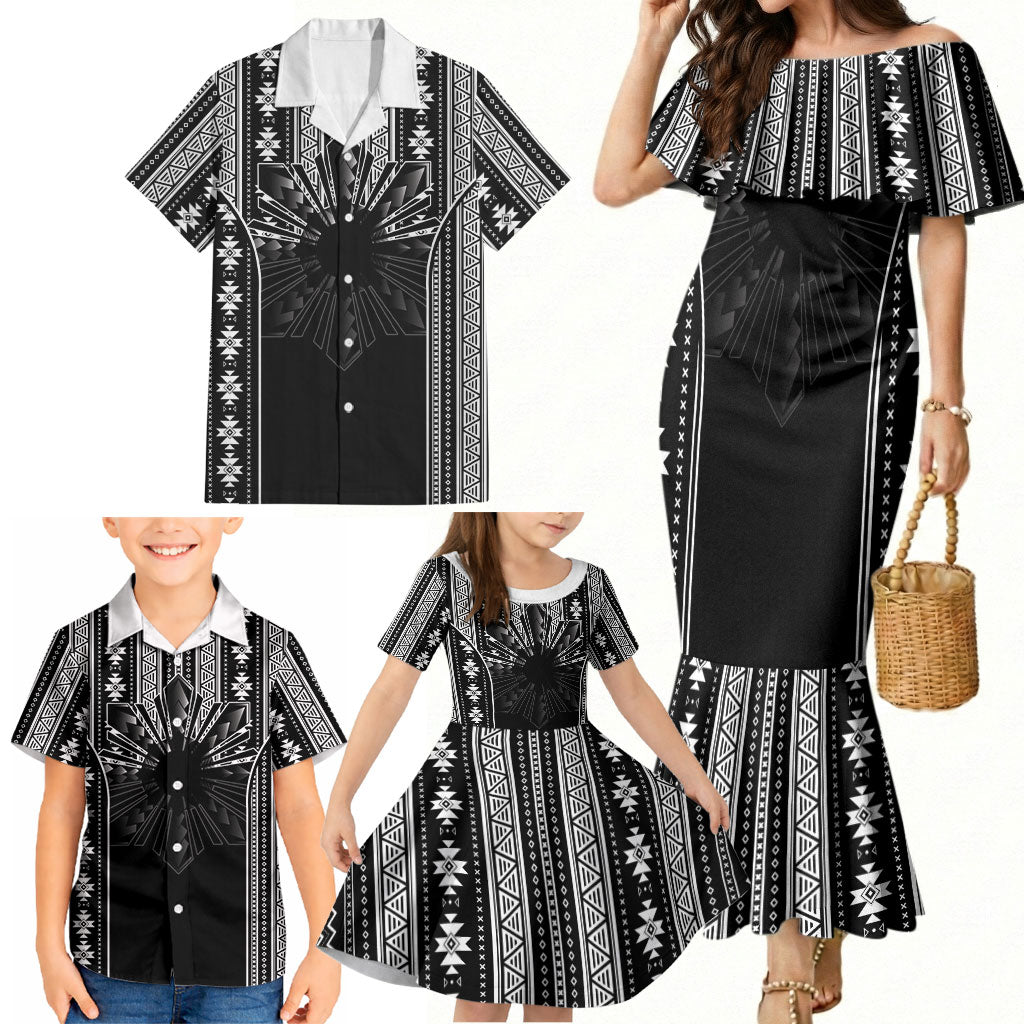 Mabuhay Philippines Festival Family Matching Mermaid Dress and Hawaiian Shirt Filipino Map Black White Igorot Pattern
