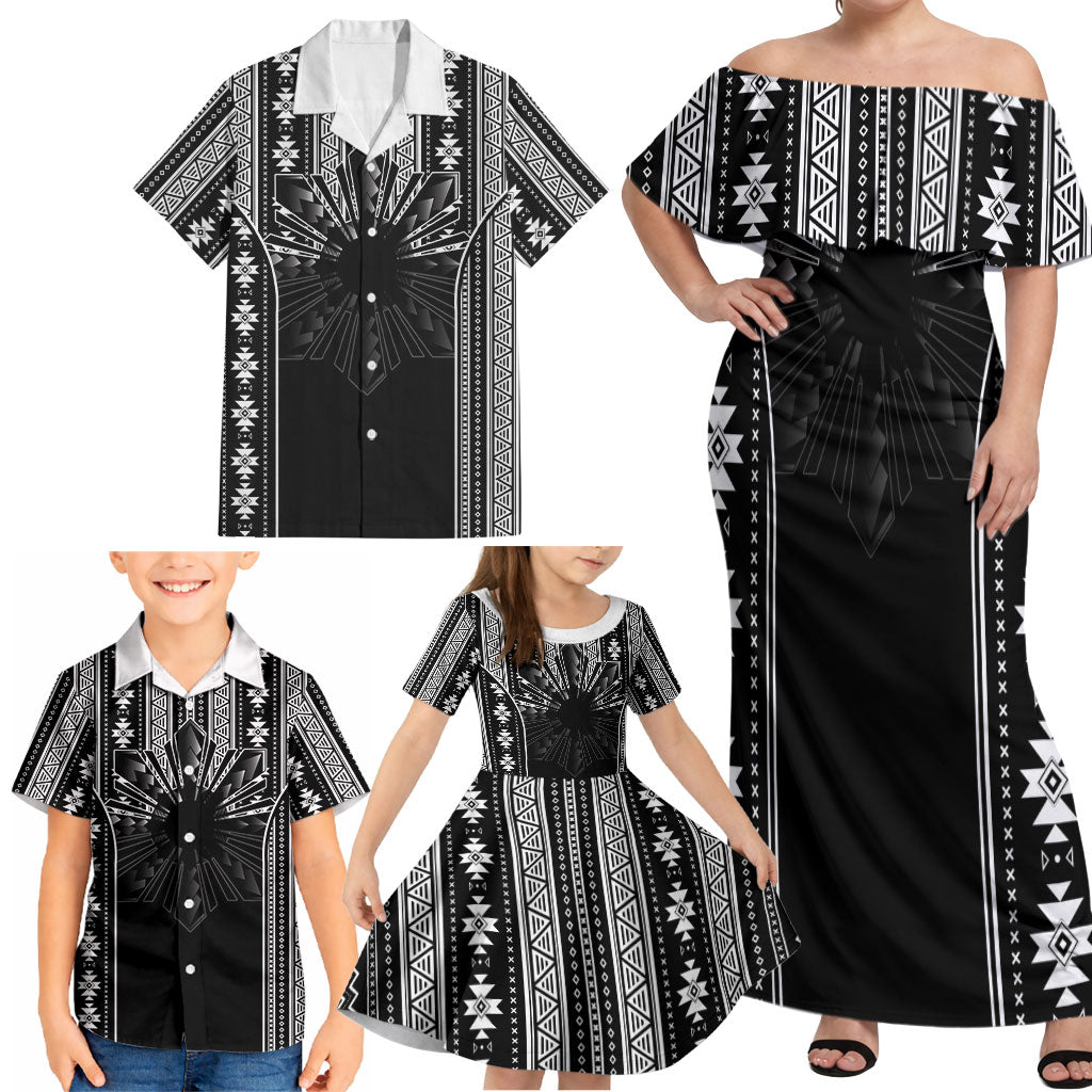 Mabuhay Philippines Festival Family Matching Off Shoulder Maxi Dress and Hawaiian Shirt Filipino Map Black White Igorot Pattern LT14 - Polynesian Pride