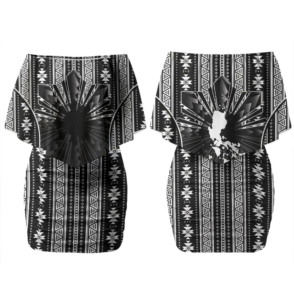 Mabuhay Philippines Festival Family Matching Off Shoulder Short Dress and Hawaiian Shirt Filipino Map Black White Igorot Pattern LT14 Mom's Dress Black - Polynesian Pride