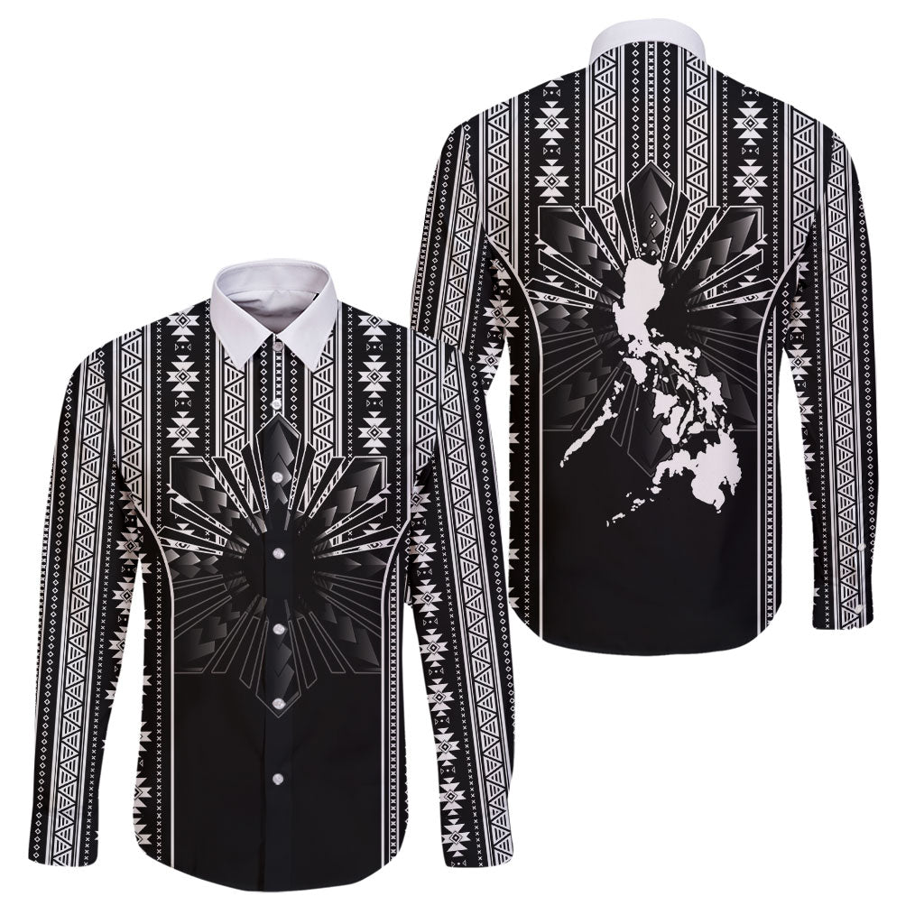 Mabuhay Philippines Festival Family Matching Tank Maxi Dress and Hawaiian Shirt Filipino Map Black White Igorot Pattern LT14 Dad's Shirt - Long Sleeve Black - Polynesian Pride