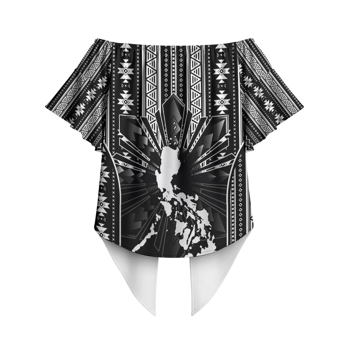 Mabuhay Philippines Festival Off Shoulder Wrap Waist Top Filipino Map Black White Igorot Pattern LT14 - Polynesian Pride