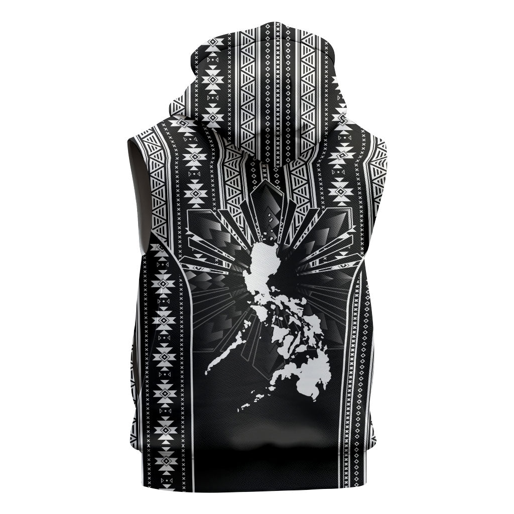 Mabuhay Philippines Festival Sleeveless Hoodie Filipino Map Black White Igorot Pattern LT14 - Polynesian Pride