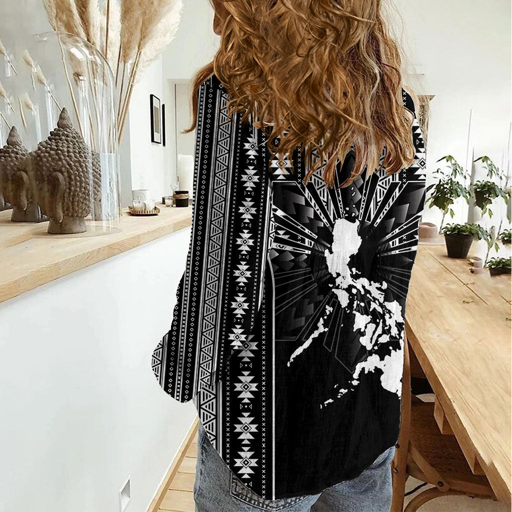 Mabuhay Philippines Festival Women Casual Shirt Filipino Map Black White Igorot Pattern LT14 - Polynesian Pride