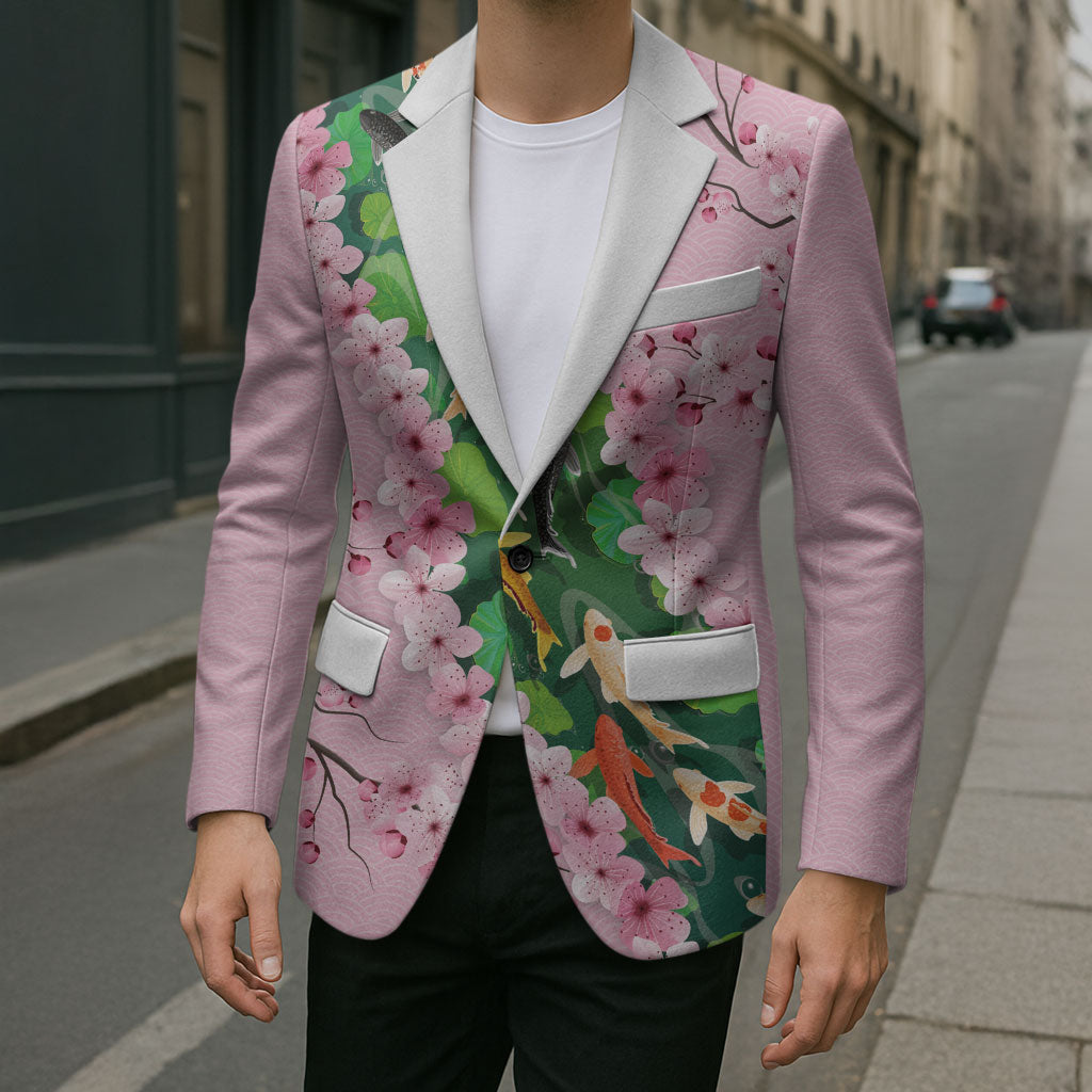 Koi Fish Sakura Japan Blazer Eternal Flow Cherry Blossom Seigaiha Pattern