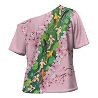 Koi Fish Sakura Japan Cross Shoulder Shirt Eternal Flow Cherry Blossom Seigaiha Pattern