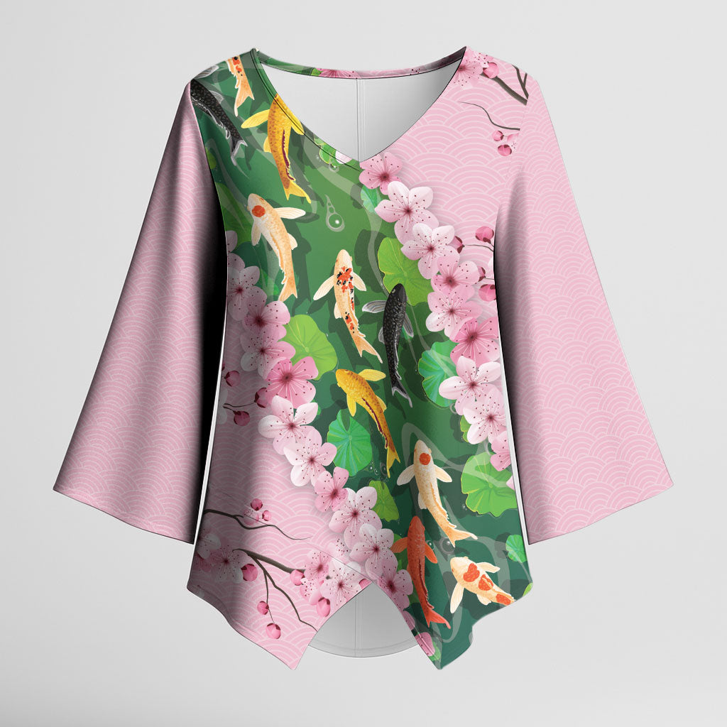Koi Fish Sakura Japan Kimono Sleeve Blouse Eternal Flow Cherry Blossom Seigaiha Pattern