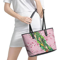 Koi Fish Sakura Japan Leather Tote Bag Eternal Flow Cherry Blossom Seigaiha Pattern