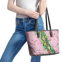 Koi Fish Sakura Japan Leather Tote Bag Eternal Flow Cherry Blossom Seigaiha Pattern