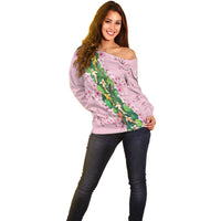 Koi Fish Sakura Japan Off Shoulder Sweater Eternal Flow Cherry Blossom Seigaiha Pattern
