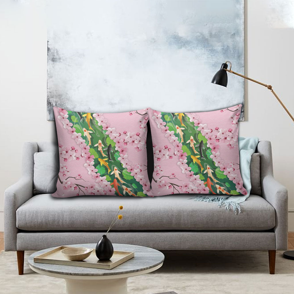 Koi Fish Sakura Japan Pillow Cover Eternal Flow Cherry Blossom Seigaiha Pattern