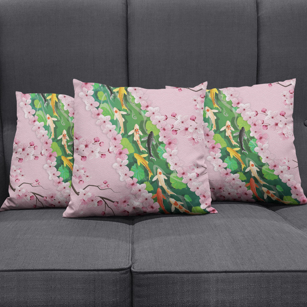 Koi Fish Sakura Japan Pillow Cover Eternal Flow Cherry Blossom Seigaiha Pattern