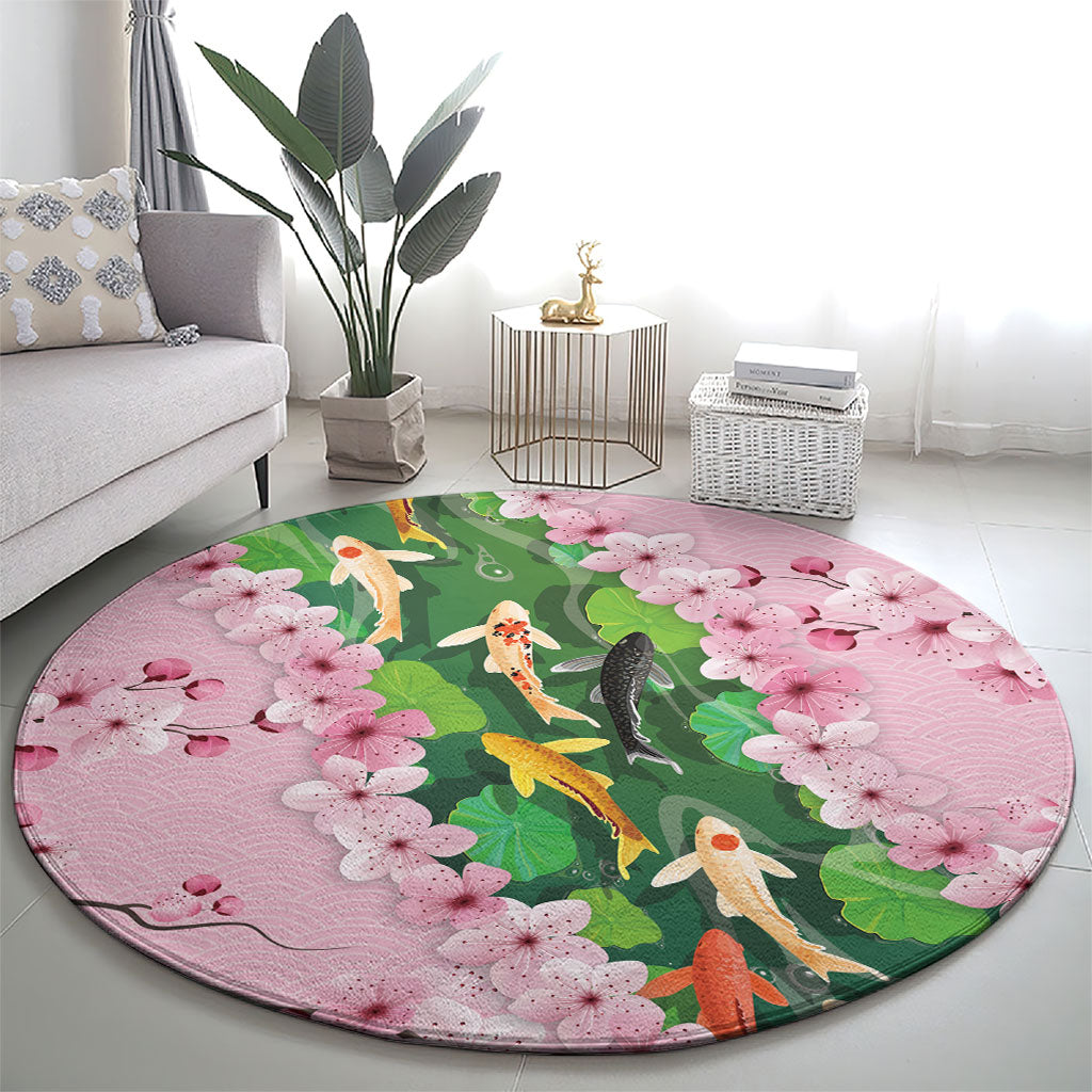 Koi Fish Sakura Japan Round Carpet Eternal Flow Cherry Blossom Seigaiha Pattern