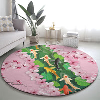 Koi Fish Sakura Japan Round Carpet Eternal Flow Cherry Blossom Seigaiha Pattern