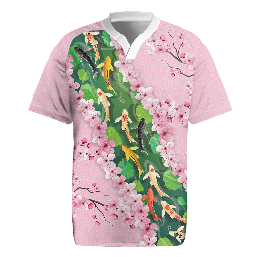 Koi Fish Sakura Japan Rugby Jersey Eternal Flow Cherry Blossom Seigaiha Pattern