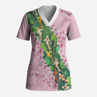 Koi Fish Sakura Japan Scrub Top Eternal Flow Cherry Blossom Seigaiha Pattern