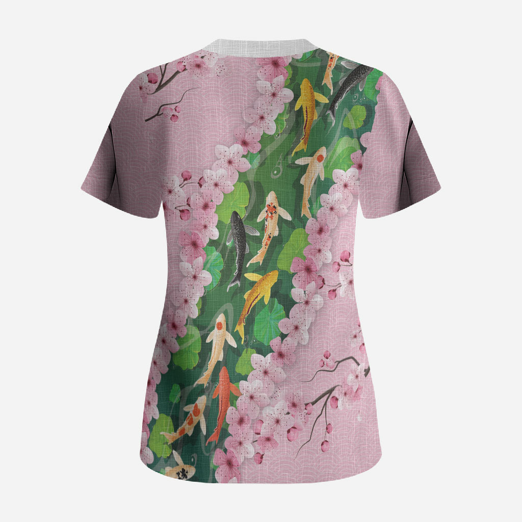 Koi Fish Sakura Japan Scrub Top Eternal Flow Cherry Blossom Seigaiha Pattern