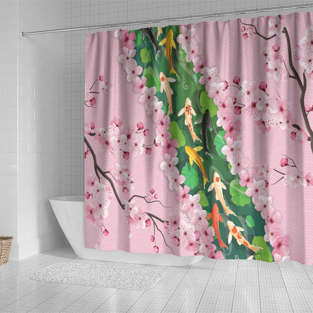 Koi Fish Sakura Japan Shower Curtain Eternal Flow Cherry Blossom Seigaiha Pattern