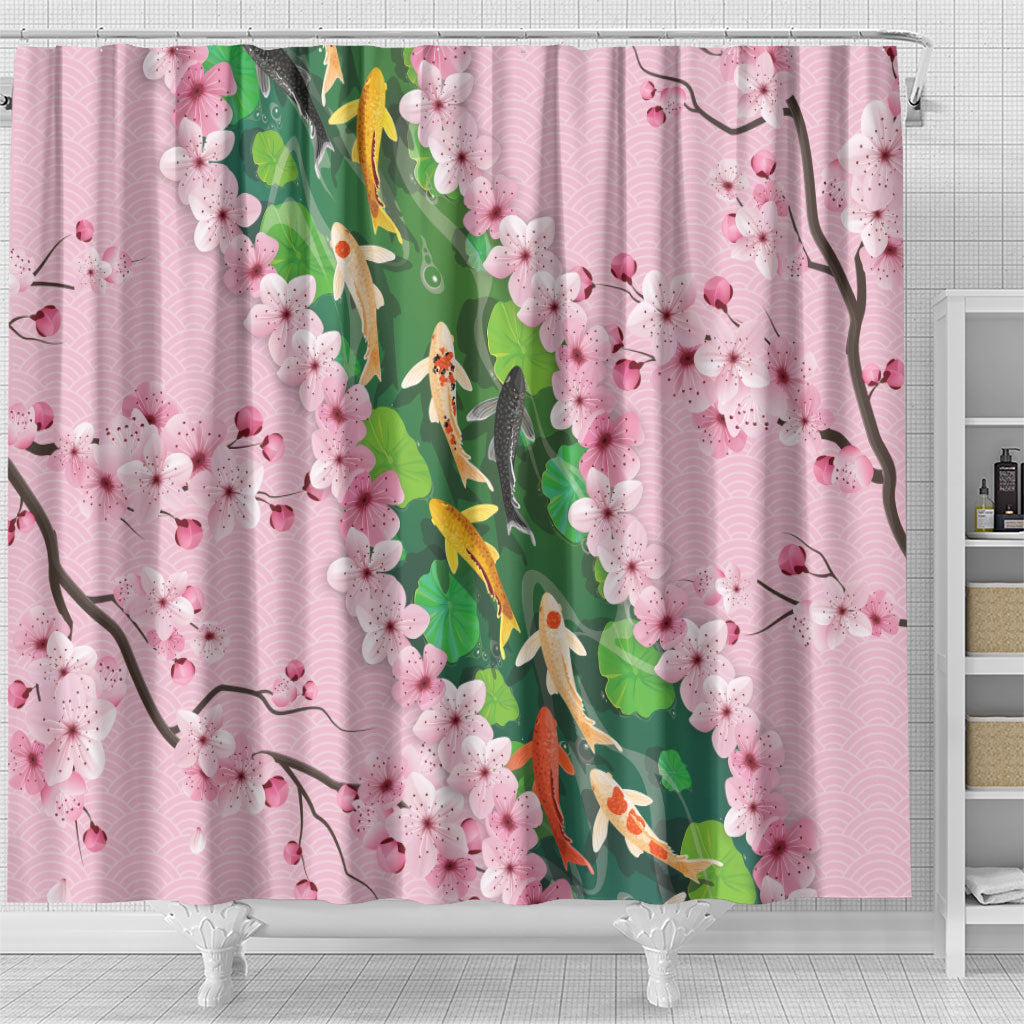 Koi Fish Sakura Japan Shower Curtain Eternal Flow Cherry Blossom Seigaiha Pattern