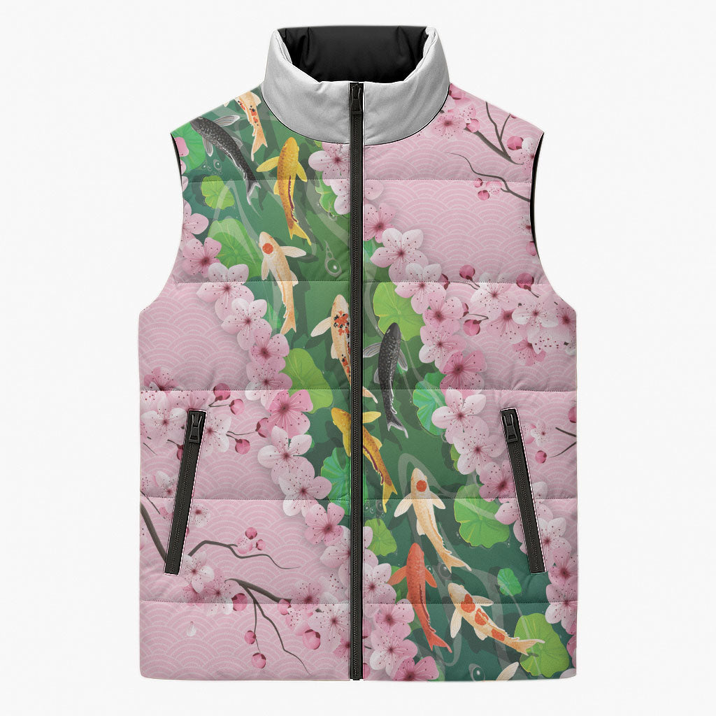 Koi Fish Sakura Japan Sleeveless Puffer Jacket Eternal Flow Cherry Blossom Seigaiha Pattern