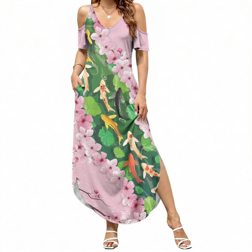 Koi Fish Sakura Japan Summer Maxi Dress Eternal Flow Cherry Blossom Seigaiha Pattern