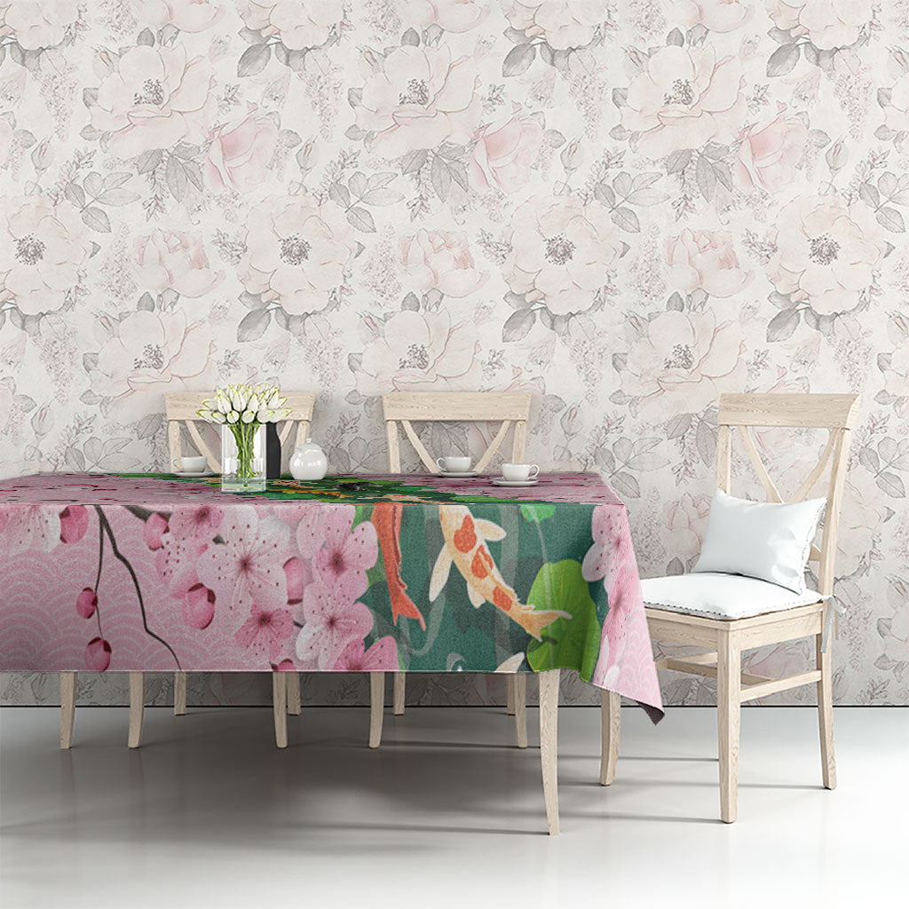 Koi Fish Sakura Japan Tablecloth Eternal Flow Cherry Blossom Seigaiha Pattern