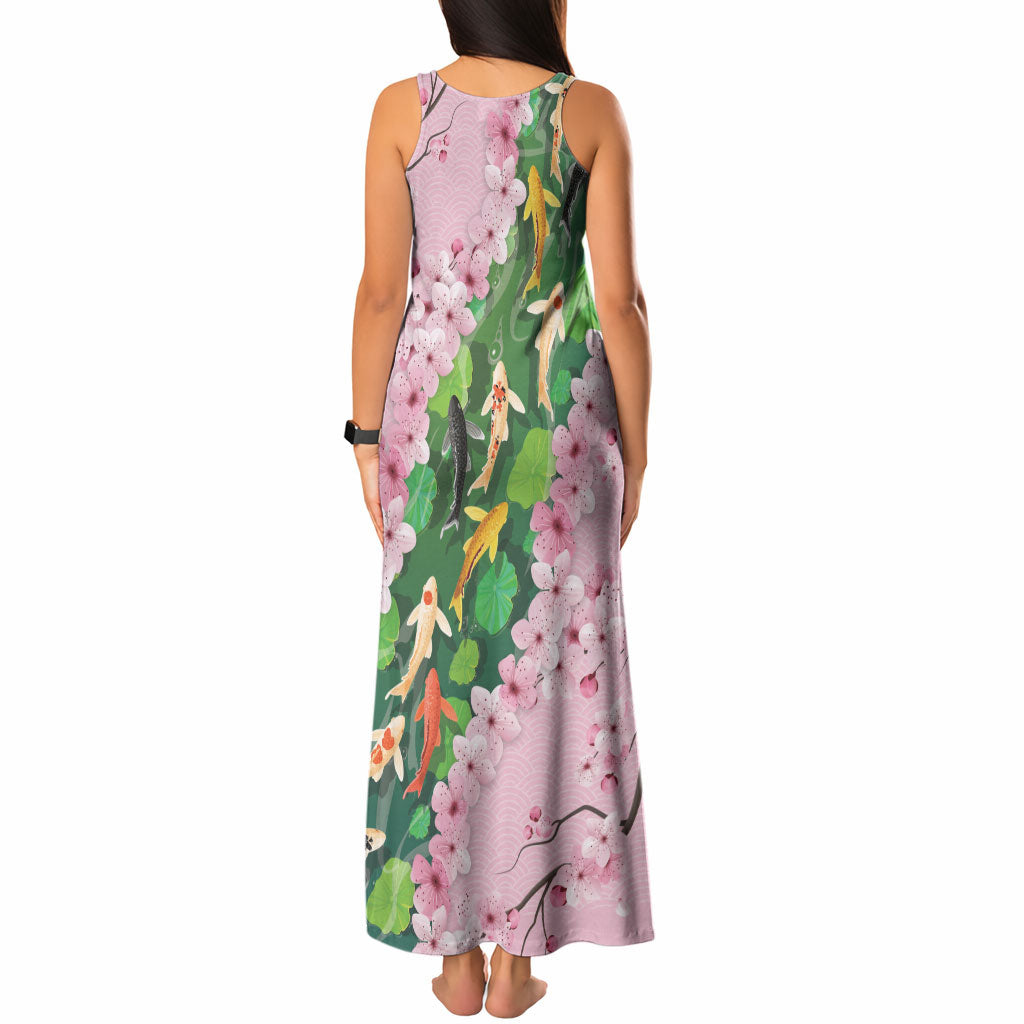 Koi Fish Sakura Japan Tank Maxi Dress Eternal Flow Cherry Blossom Seigaiha Pattern