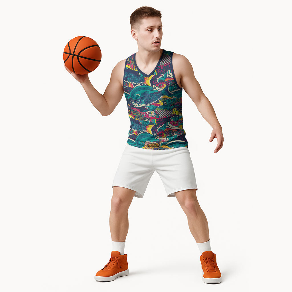 Japan Koinobori Basketball Jersey Japanese Koi Flag Waves Pattern