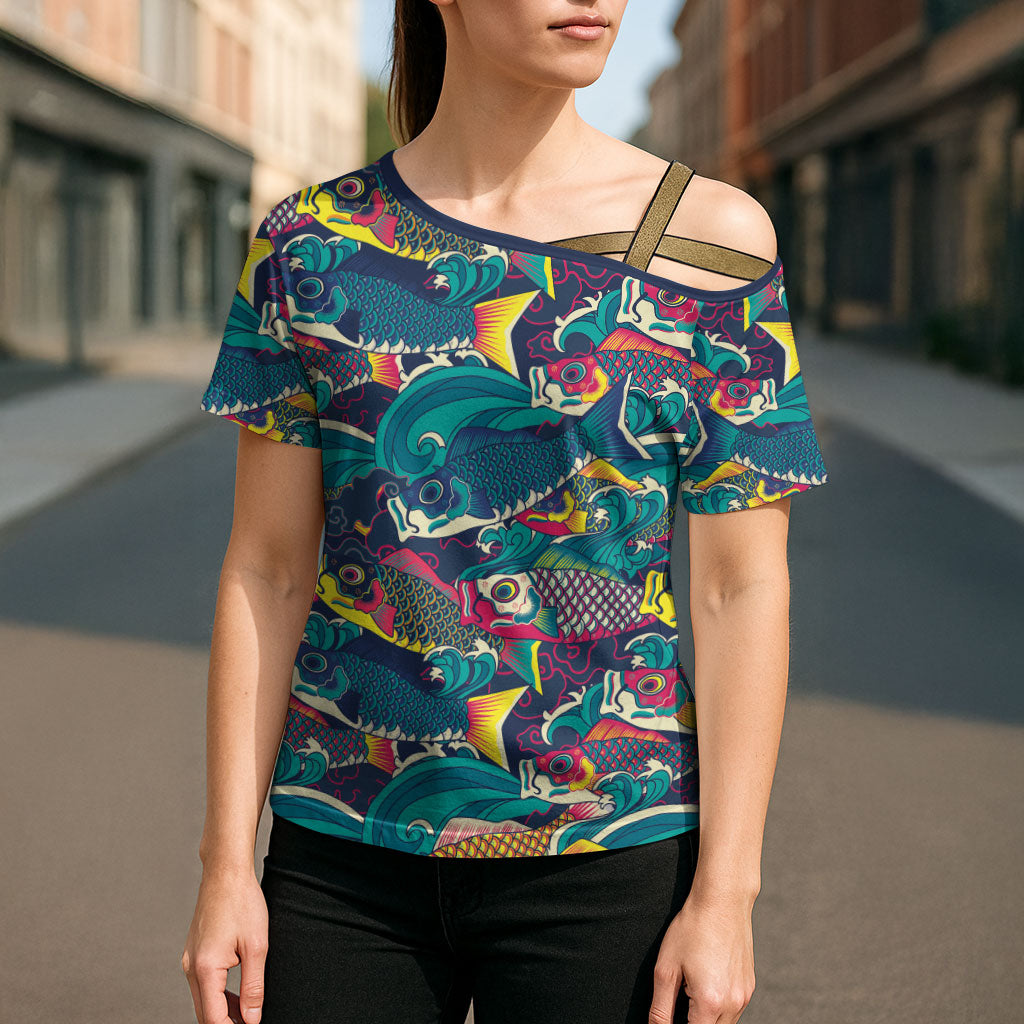 Japan Koinobori Cross Shoulder Shirt Japanese Koi Flag Waves Pattern
