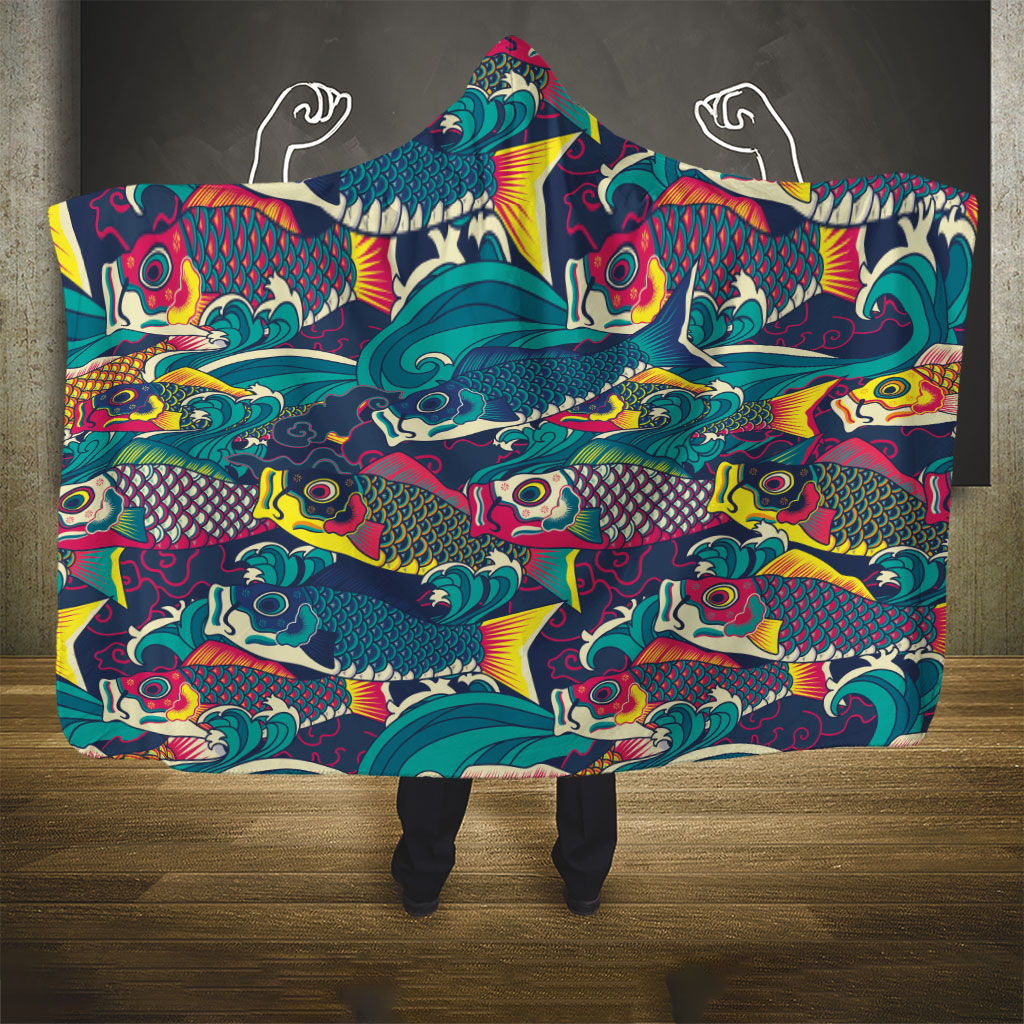 Japan Koinobori Hooded Blanket Japanese Koi Flag Waves Pattern