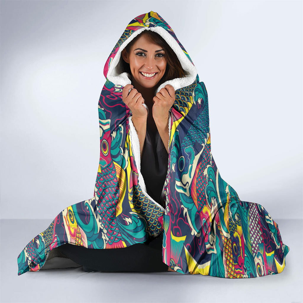 Japan Koinobori Hooded Blanket Japanese Koi Flag Waves Pattern