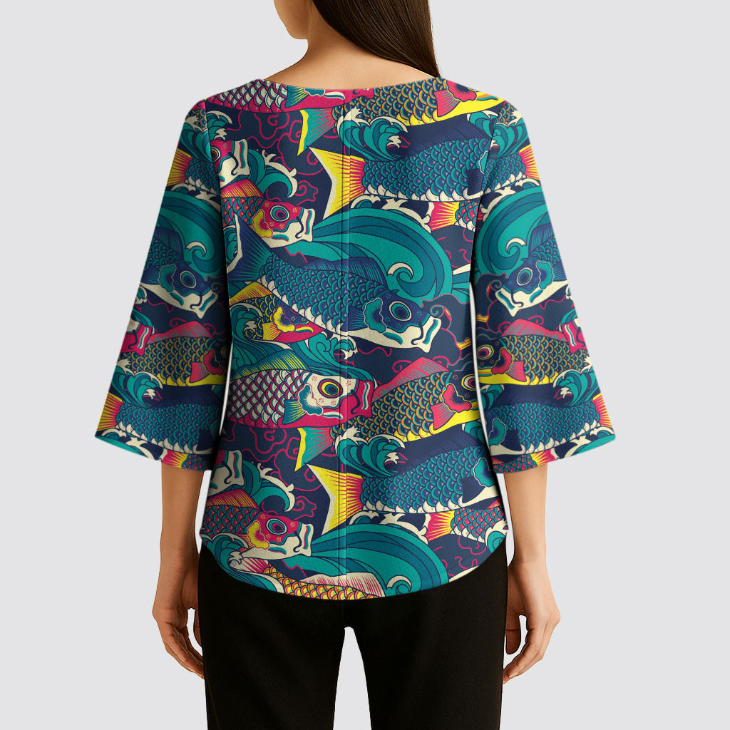 Japan Koinobori Kimono Sleeve Blouse Japanese Koi Flag Waves Pattern