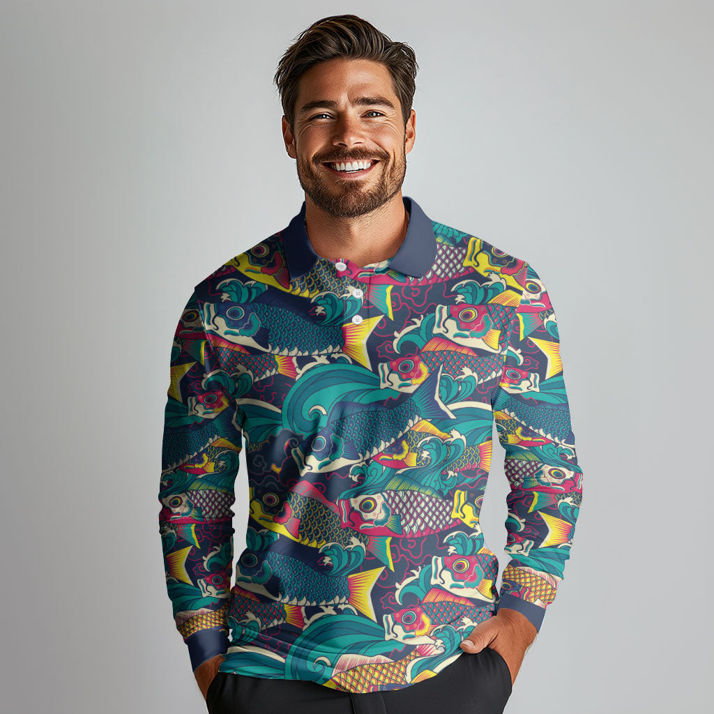 Japan Koinobori Long Sleeve Polo Shirt Japanese Koi Flag Waves Pattern
